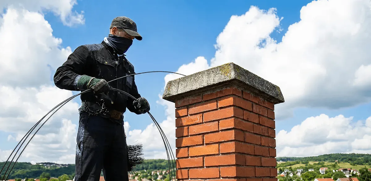 Chimney sweep cleaning a brick chimney with professional tools in Colorado Springs, CO